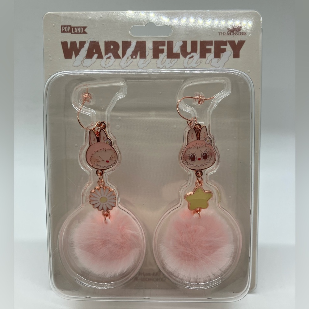 Authentic Pop Mart Labubu Mokoko Warm Fluffy Holiday Pompom Pink Dangly Earrings - Picture 3 of 6